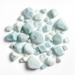 An array of large and small Amazonite crystals displayed on a pristine white backdrop