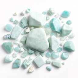 An array of large and small Amazonite crystals displayed on a pristine white backdrop