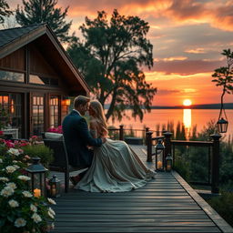 A romantic scene featuring an idyllic couple's retreat with lush gardens and a serene lake