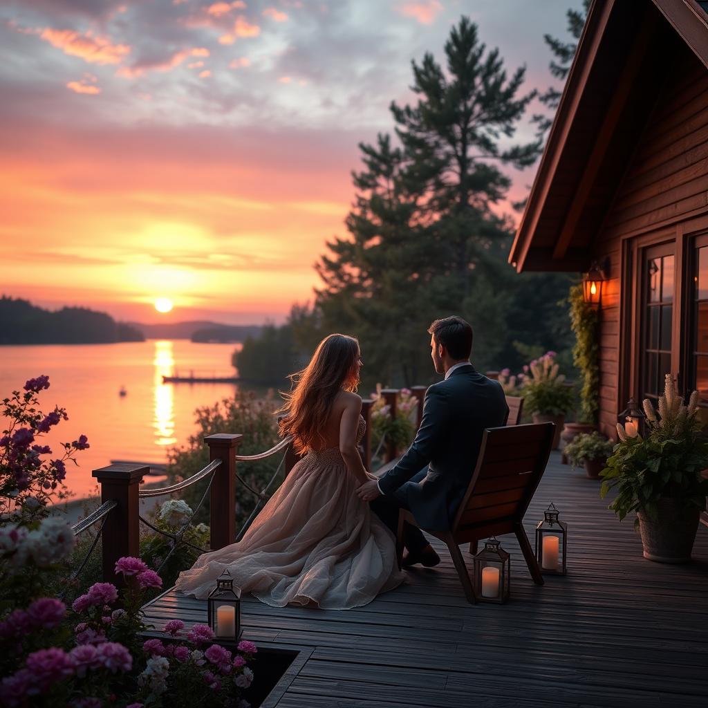 A romantic scene featuring an idyllic couple's retreat with lush gardens and a serene lake