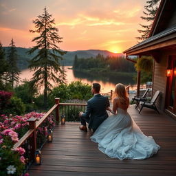 A romantic scene featuring an idyllic couple's retreat with lush gardens and a serene lake