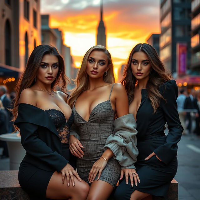 Beautiful, confident women with alluring expressions, wearing fashionable and stylish outfits that highlight their features, posing in an elegant and tasteful manner