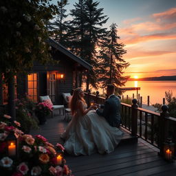 A romantic scene featuring an idyllic couple's retreat with lush gardens and a serene lake