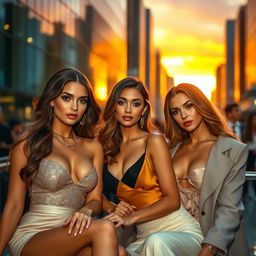 Beautiful, confident women with alluring expressions, wearing fashionable and stylish outfits that highlight their features, posing in an elegant and tasteful manner