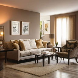 A luxurious living room decorated on a budget, with cost-effective yet elegant furniture, tasteful artworks, and ambient lighting creating a warm and inviting atmosphere.