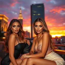 Beautiful, confident women with alluring expressions, wearing fashionable and stylish outfits that highlight their features, posing in an elegant and tasteful manner