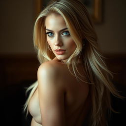 A blonde woman posing with confidence, emphasizing her alluring gaze and elegant posture, in a tastefully provocative setting