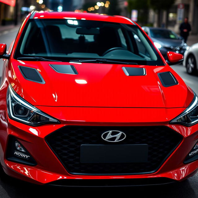 A 2024 Hyundai i20 in a striking fiery red color, showcasing sleek black hood vents for an aggressive and sporty appearance