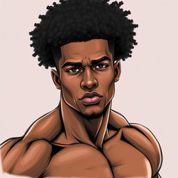 A young, muscular black man with high curly hair depicted in a realistic drawing style