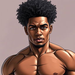 A young, muscular black man with high curly hair depicted in a realistic drawing style