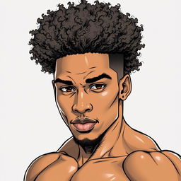 A young, muscular black man with high curly hair depicted in a realistic drawing style