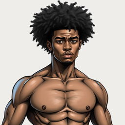 A young, muscular black man with high curly hair depicted in a realistic drawing style