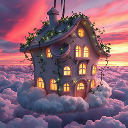 A whimsical dream house suspended among the clouds