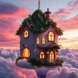 A whimsical dream house suspended among the clouds