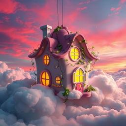 A whimsical dream house suspended among the clouds