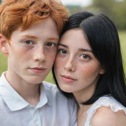 A boy with slightly orange hair, brown eyes, and many freckles embracing a girl with black hair and brown eyes.