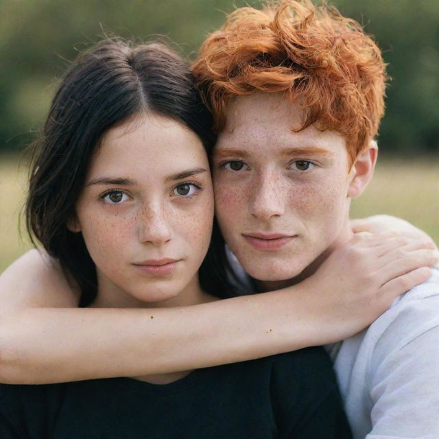 A boy with slightly orange hair, brown eyes, and many freckles embracing a girl with black hair and brown eyes.