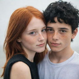 A boy with slightly orange hair, brown eyes, and many freckles embracing a girl with black hair and brown eyes.