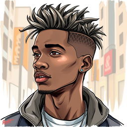 A young Black man with stylish urban hair, depicted in a realistic drawing style