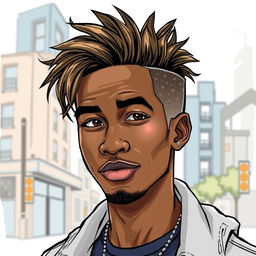 A young Black man with stylish urban hair, depicted in a realistic drawing style