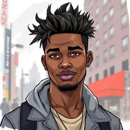 A young Black man with stylish urban hair, depicted in a realistic drawing style