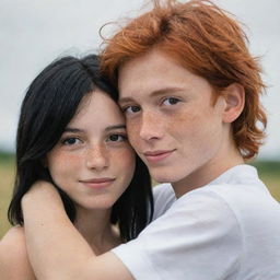 A boy with slightly orange hair, brown eyes, and many freckles embracing a girl with black hair and brown eyes.