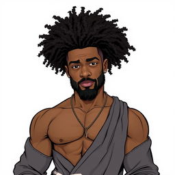 A realistic drawing of a muscular Black man with high curly hair and a low beard