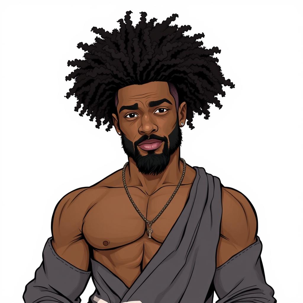 A realistic drawing of a muscular Black man with high curly hair and a low beard