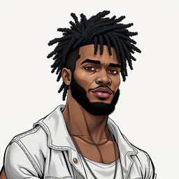 A realistic drawing of a muscular Black man with high curly hair and a low beard