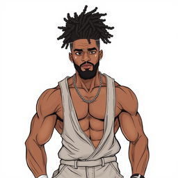 A realistic drawing of a muscular Black man with high curly hair and a low beard