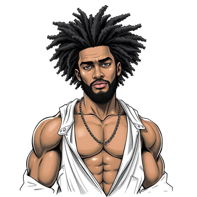 A realistic drawing of a muscular Black man with high curly hair and a low beard