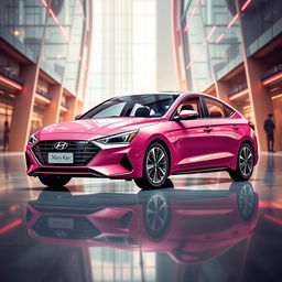 Create a highly modern design for the Hyundai Elantra 2024, specifically styled for young, business-oriented women, incorporating elements of Mary Kay flair