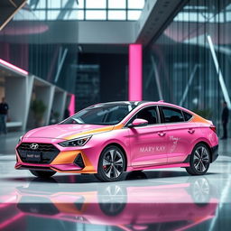 Create a highly modern design for the Hyundai Elantra 2024, specifically styled for young, business-oriented women, incorporating elements of Mary Kay flair