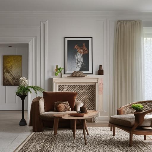 A luxurious living room decorated on a budget, with cost-effective yet elegant furniture, tasteful artworks, and ambient lighting creating a warm and inviting atmosphere.