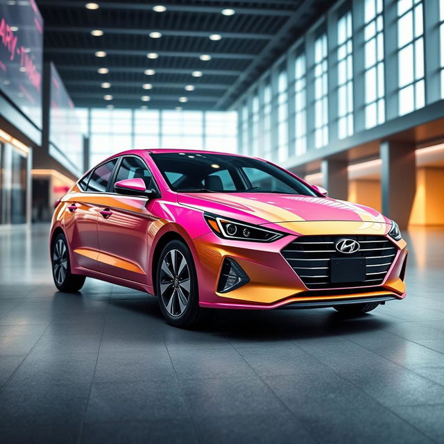 Create a highly modern design for the Hyundai Elantra 2024, specifically styled for young, business-oriented women, incorporating elements of Mary Kay flair