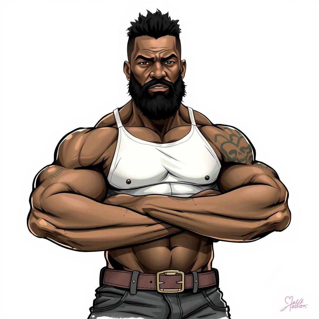 A realistic drawing of a muscular black man in his forties, featuring strong arms and a beard