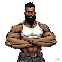 A realistic drawing of a muscular black man in his forties, featuring strong arms and a beard