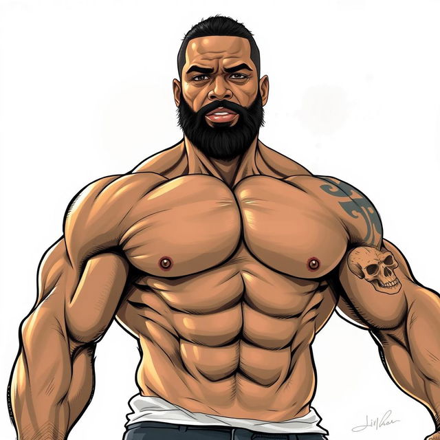 A realistic drawing of a muscular black man in his forties, featuring strong arms and a beard