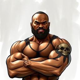 A realistic drawing of a muscular black man in his forties, featuring strong arms and a beard