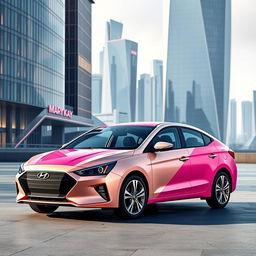 Create an ultra-modern design for the Hyundai Elantra 2024 as a gift for young businesswomen, infused with Mary Kay style