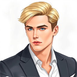 A realistic drawing of a young blonde man with blue eyes wearing a suit