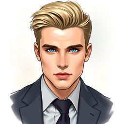 A realistic drawing of a young blonde man with blue eyes wearing a suit