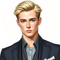 A realistic drawing of a young blonde man with blue eyes wearing a suit