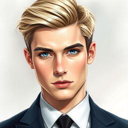 A realistic drawing of a young blonde man with blue eyes wearing a suit