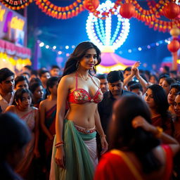 A scene inspired by Bollywood elegance, featuring a tribute to Madhuri Dixit's grace, represented by an enchanting actress wearing a stylish bikini