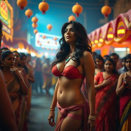 A scene inspired by Bollywood elegance, featuring a tribute to Madhuri Dixit's grace, represented by an enchanting actress wearing a stylish bikini