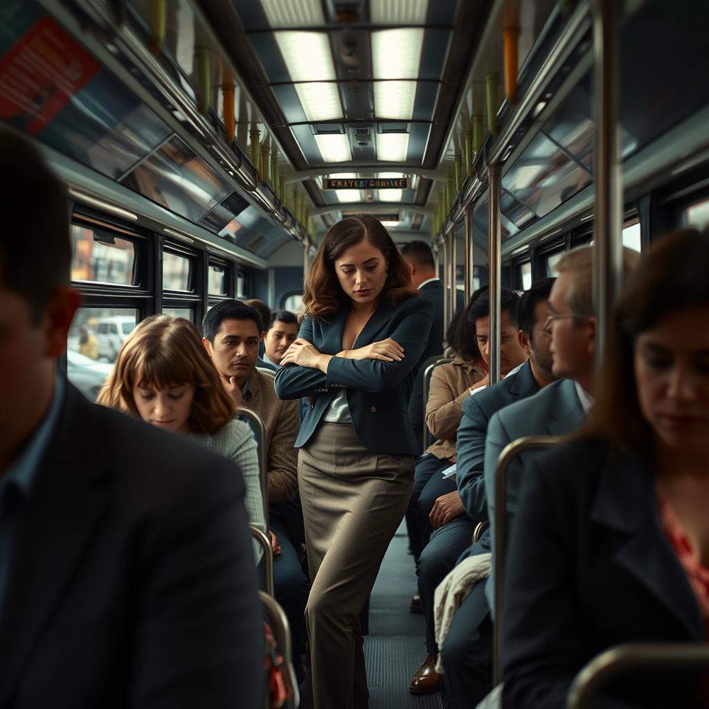 A crowded bus, focusing on a woman standing, wearing a stylish outfit