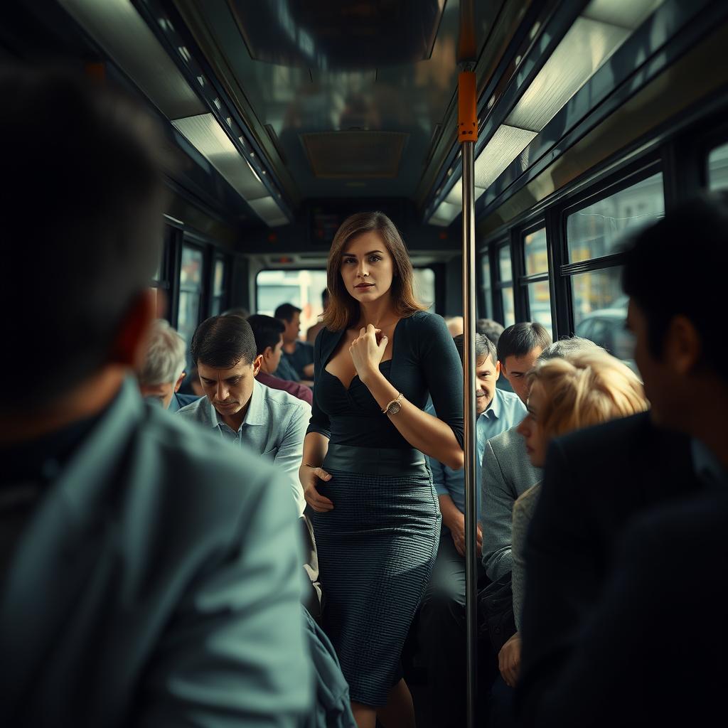 A crowded bus, focusing on a woman standing, wearing a stylish outfit