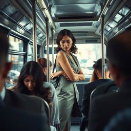 A crowded bus, focusing on a woman standing, wearing a stylish outfit