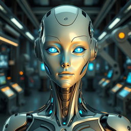 A portrait of a futuristic android with sleek, metallic skin and glowing blue eyes, standing in a high-tech laboratory